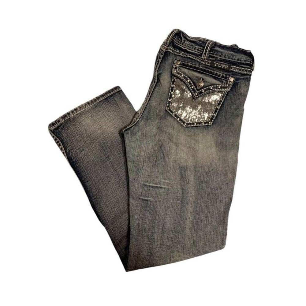 Cowgirl Tuff Co Jeans Women 35x33 Blue Jazzy Z Sequin Bling Bootcut Distressed